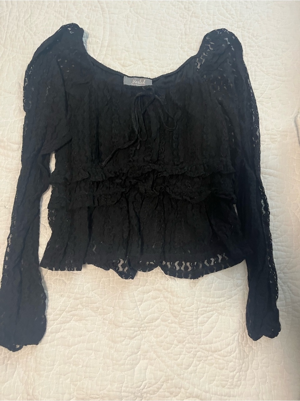 Marled Black Lace Tie-Neck Blouse
